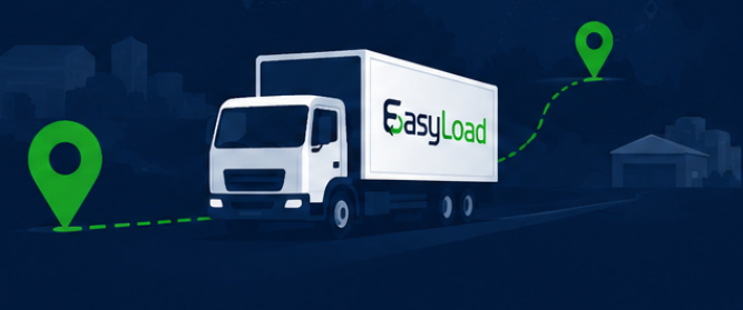 Illustration of an EasyLoad delivery truck moving a shipment between two pickup and drop-off points on a route
